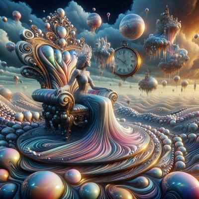 The primary subject of the image is a woman sitting on a chair, which is surrounded by a variety of colorful and whimsical elements. The setting appears to be a surreal, dreamlike environment, with a backdrop of clouds and a sky filled with floating orbs. The visual style of the image is a combination of digital art and illustration, creating a vibrant and imaginative scene. The colors and mood of the image are predominantly bright and cheerful, with a sense of wonder and fantasy.